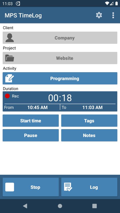 Main page with active time recording